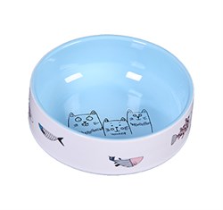 Миска 12,5см 350мл JOY "Коты с рыбками" керамическая голубая для кошек - фото 7949